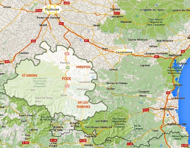 Carte touristique Ariège Pyrénées : Toulouse et Carcassonne Carte du sud de la France montrant Toulouse, Carcassonne et les Pyrénées ariégeoises avec Foix et Mirepoix.